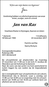 Pastoor Jan van Ras overleden